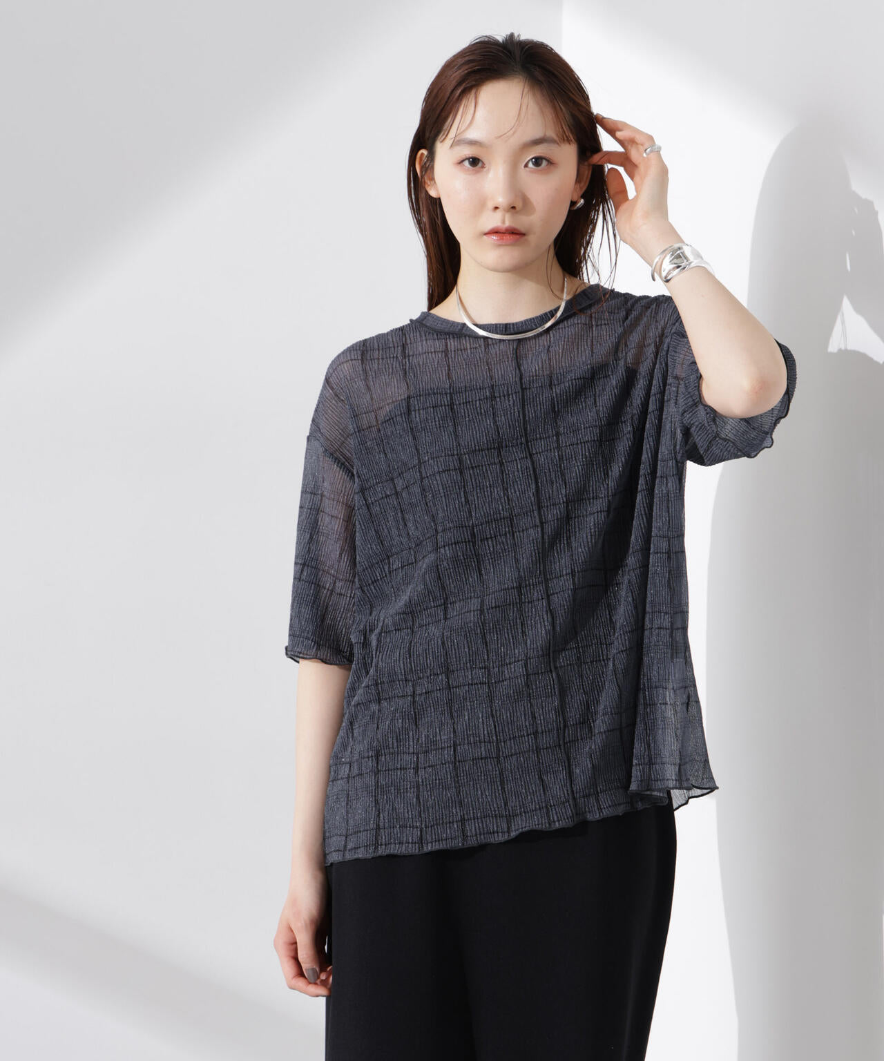 楊柳チェックシアーカットTシャツ