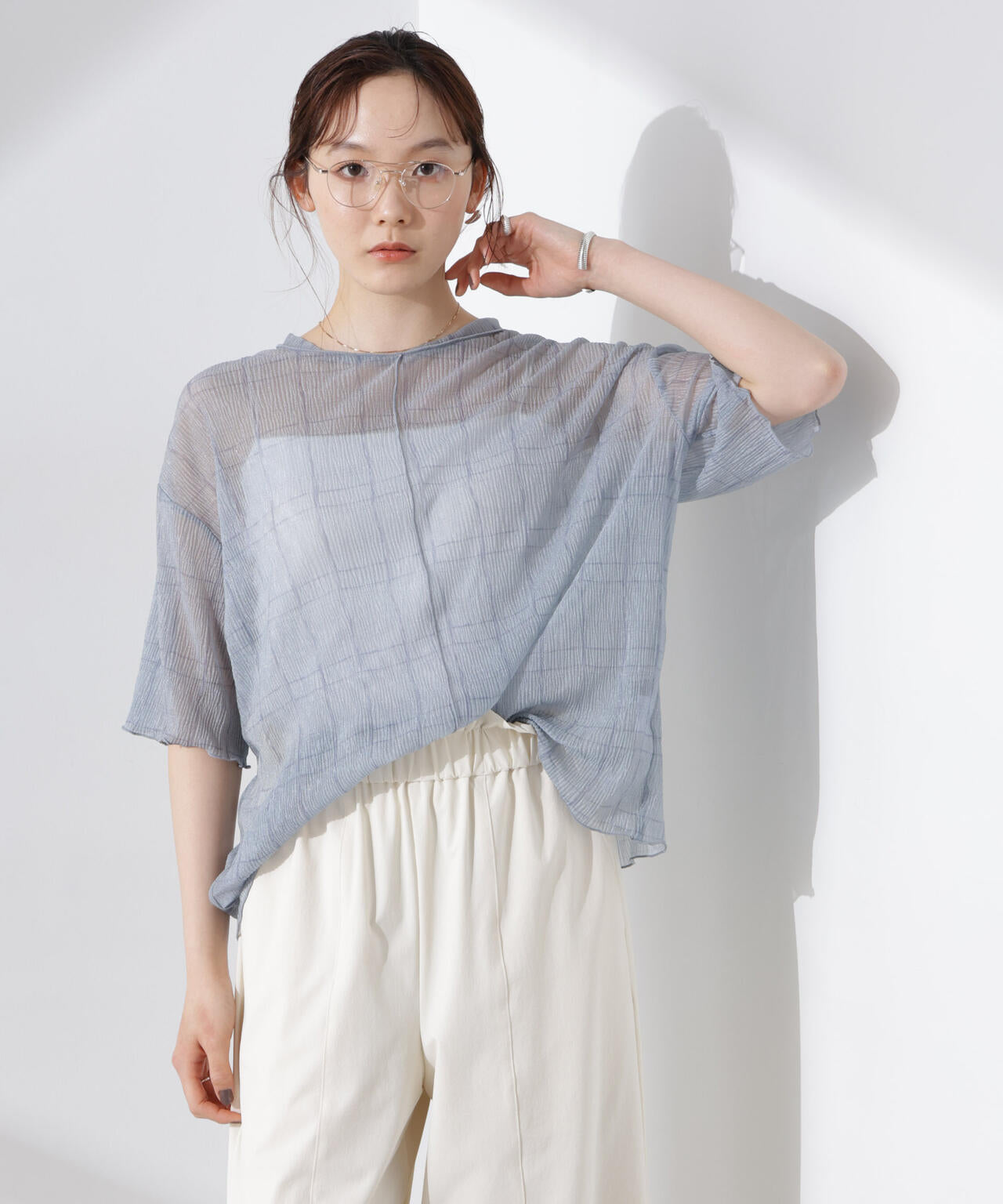 楊柳チェックシアーカットTシャツ