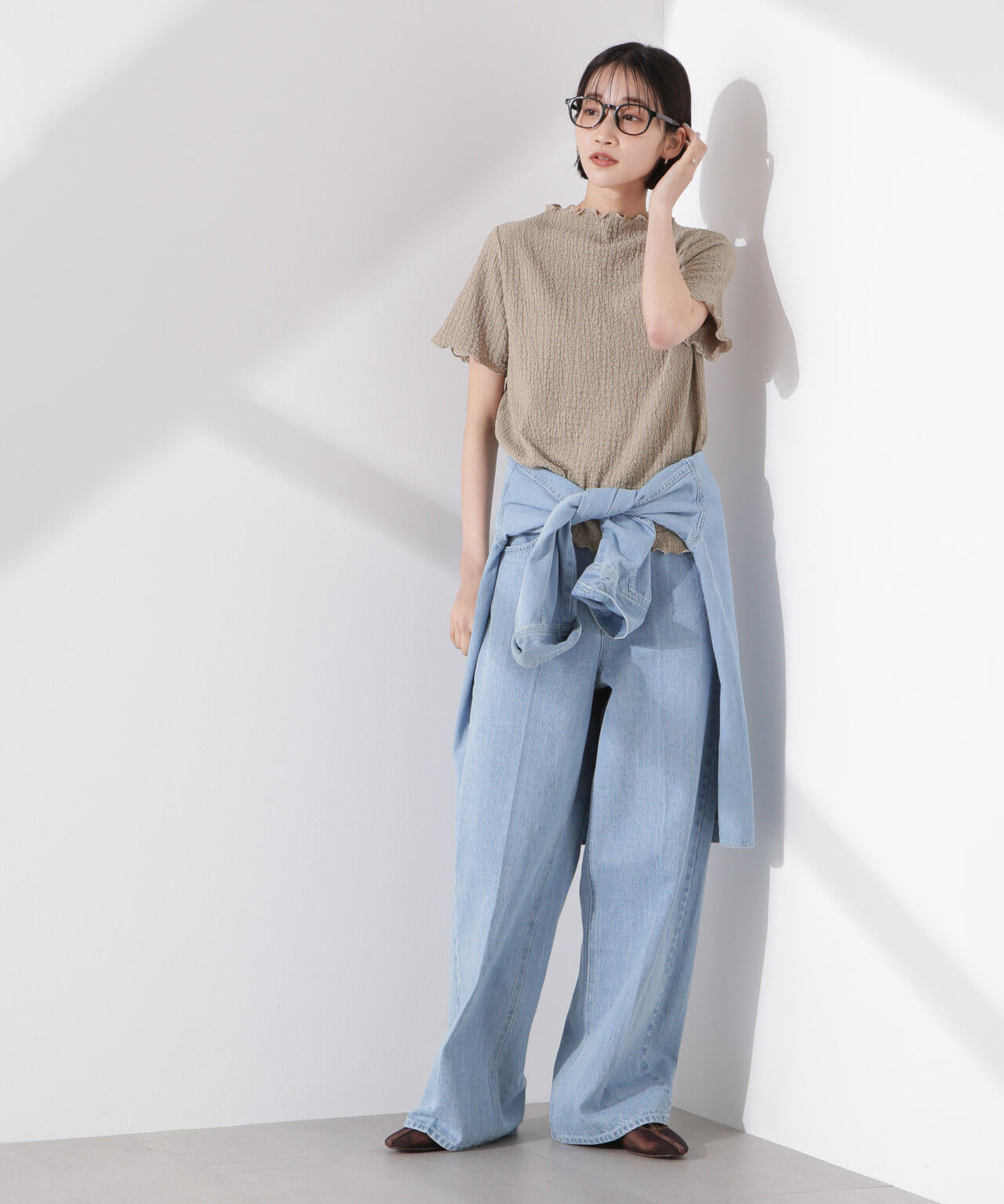 シャーリングジャガード半袖ナロートップス (セットアップ可)