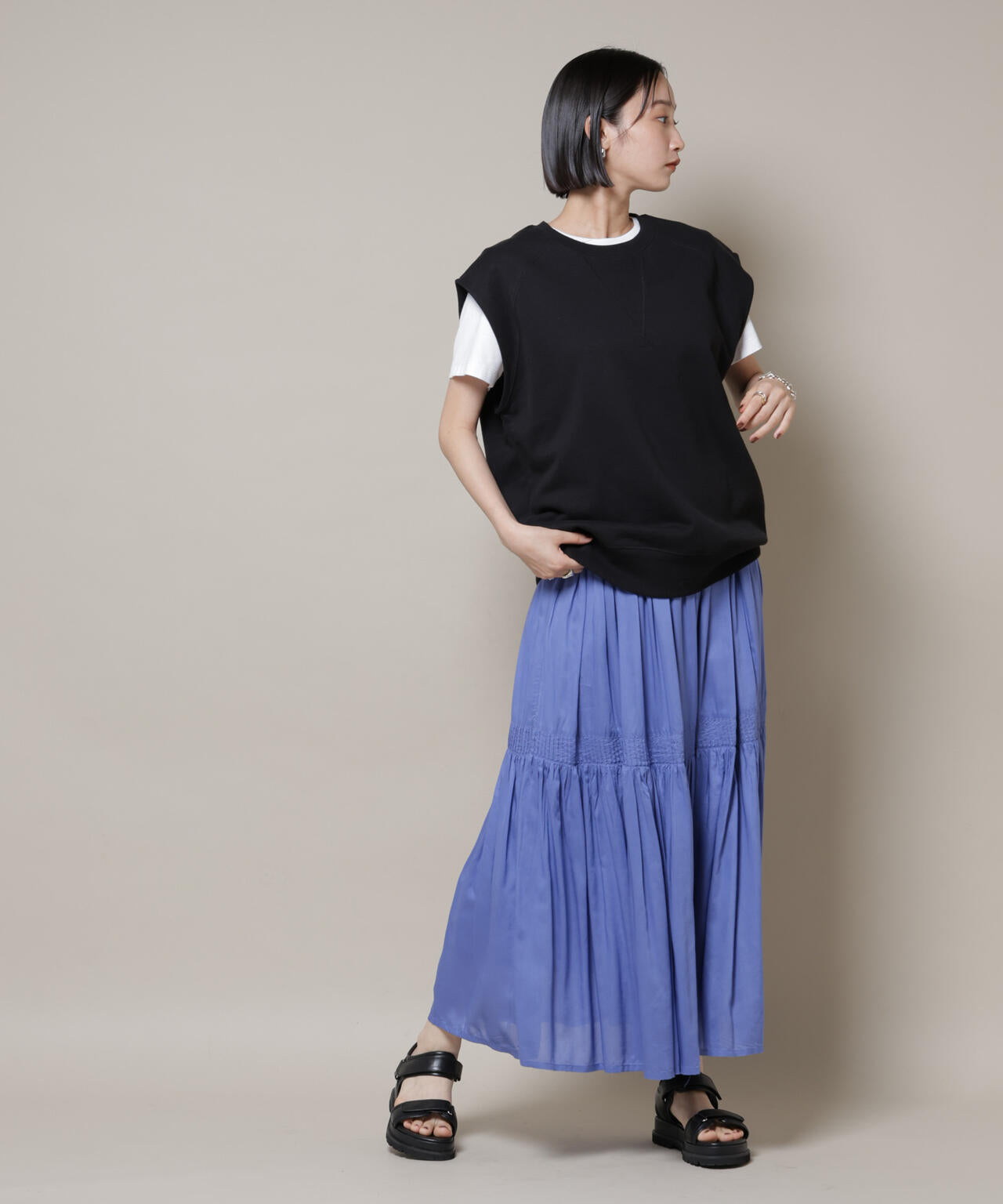 made in INDIA ギャザー切り替えフレアスカート(セットアップ可)