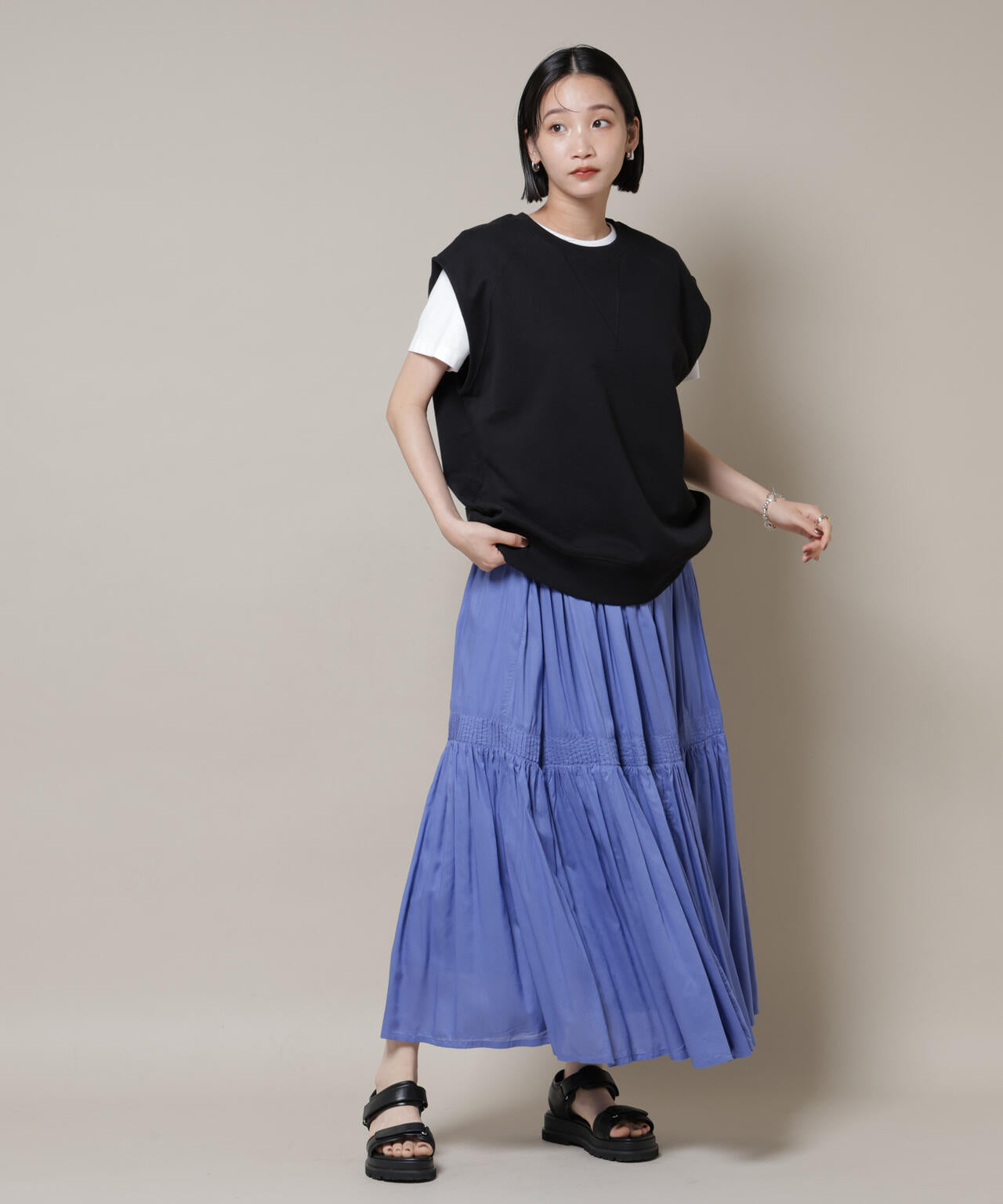 made in INDIA ギャザー切り替えフレアスカート(セットアップ可)