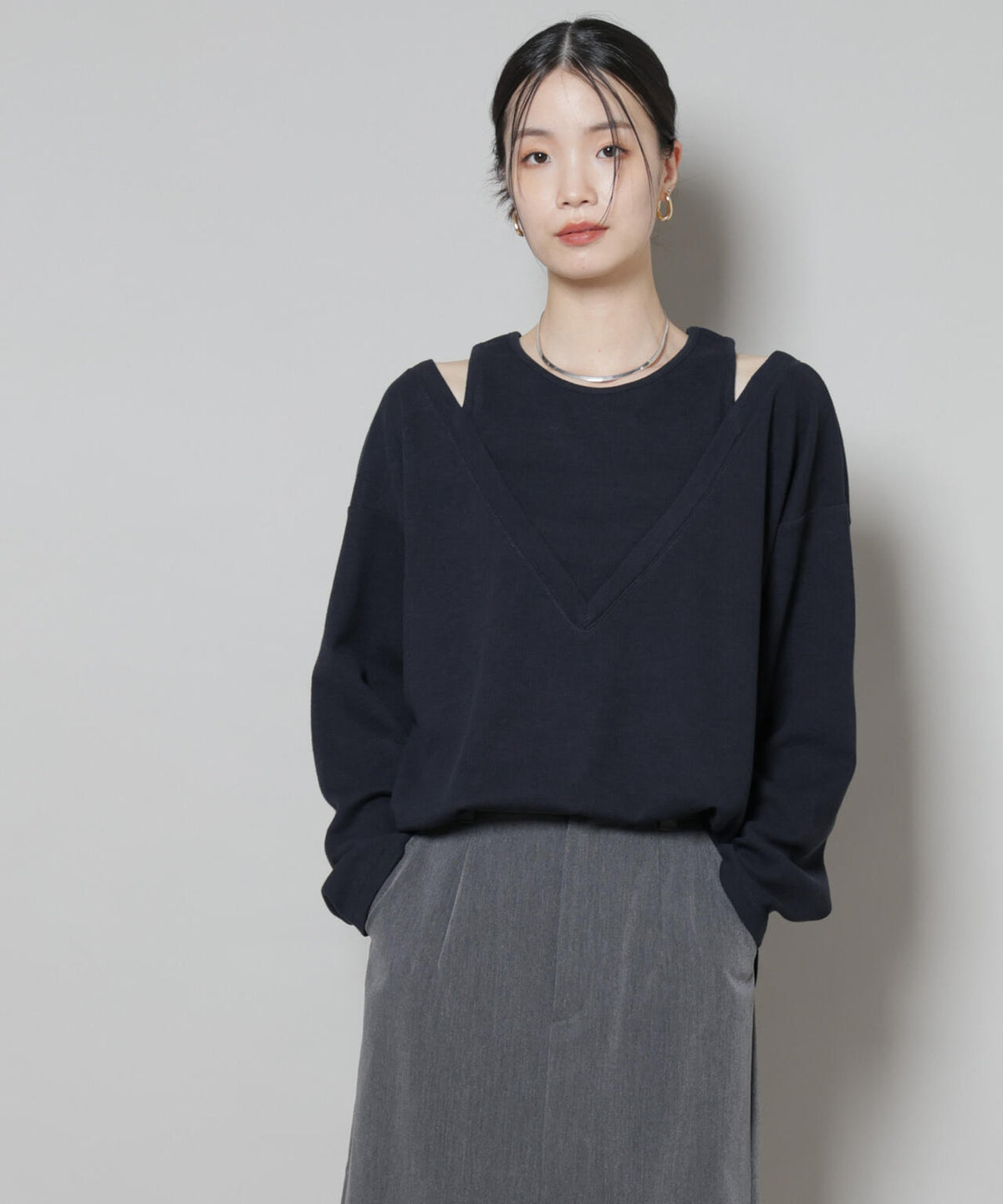 フェイクレイヤードワッフルカットトップス