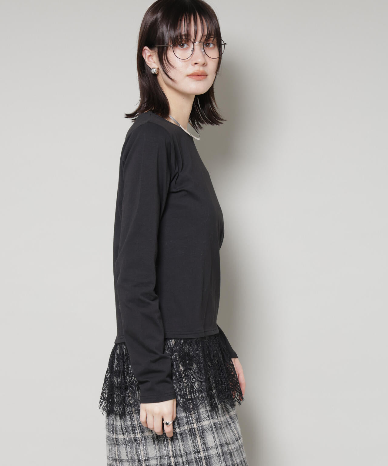 裾レースドッキングロングTシャツ