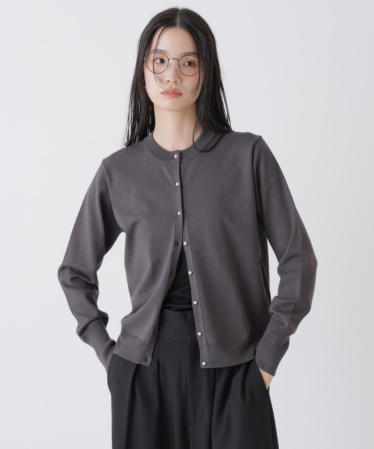 洗濯機洗可バンブーレーヨンニット パールボタンカーディガン