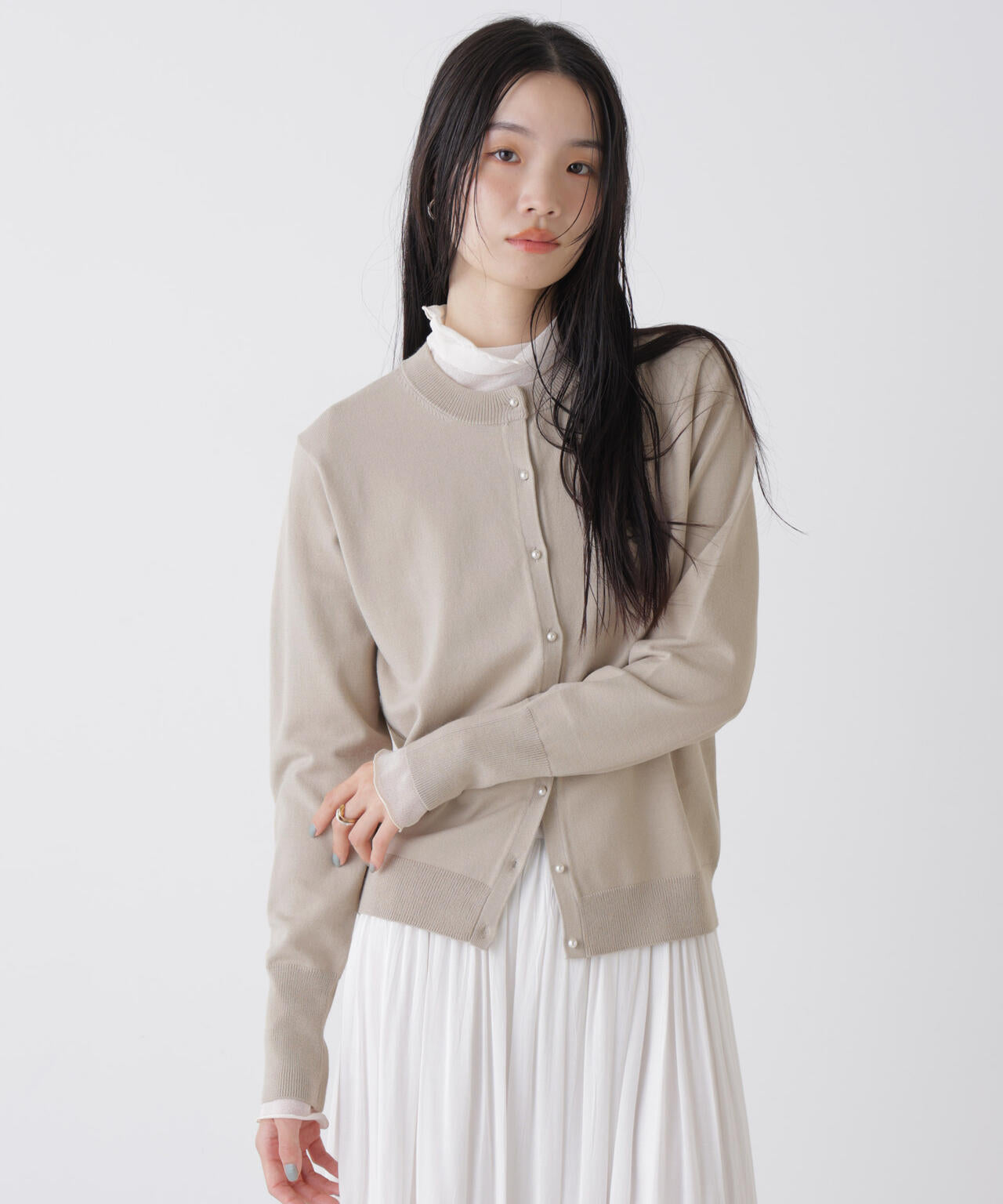 洗濯機洗可バンブーレーヨンニット パールボタンカーディガン