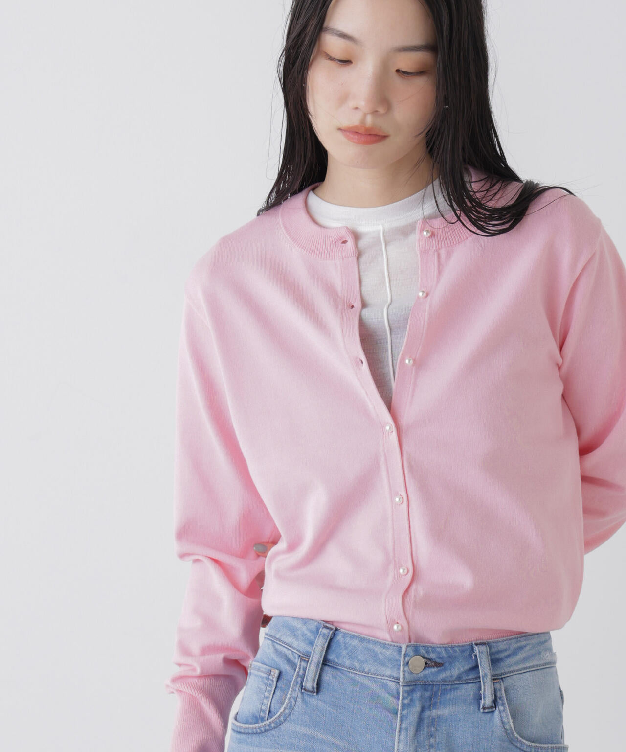 洗濯機洗可バンブーレーヨンニット パールボタンカーディガン
