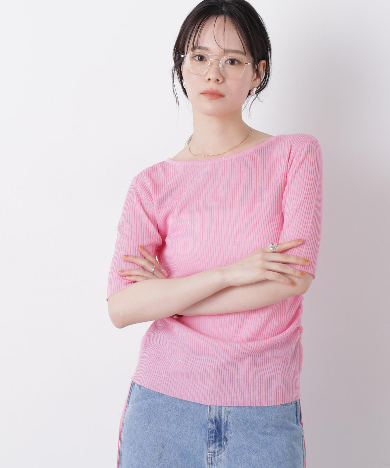 サイドギャザーデザインシアーリブニット