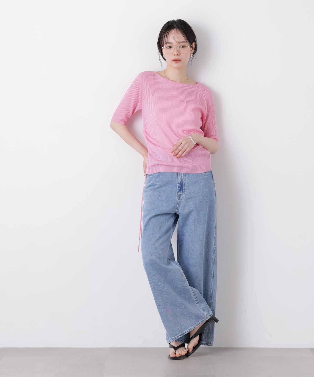 サイドギャザーデザインシアーリブニット