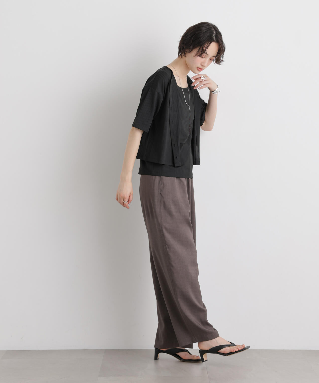 エステルワイドリブ半袖カーディガン&タンクアンサンブルセット(セットアップ可)