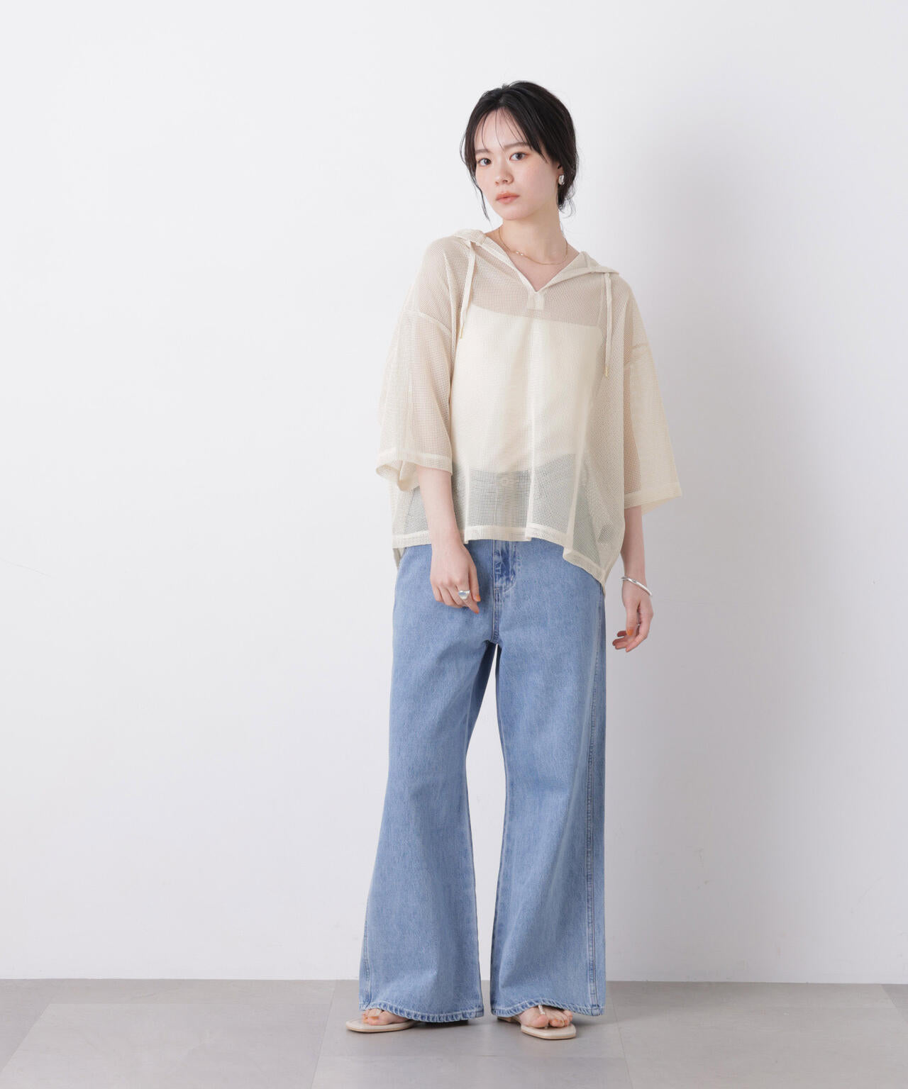 キーネックメッシュフーディートップス