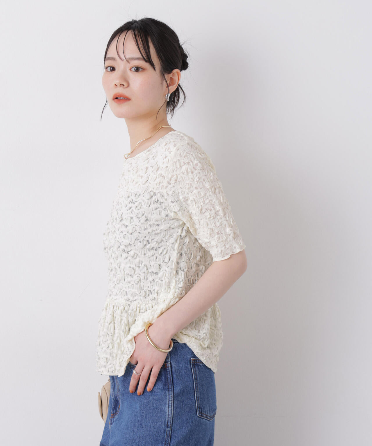 レースジャガードカットペプラムトップス