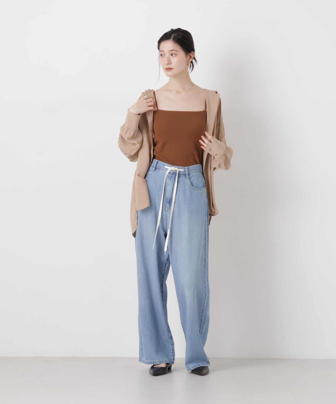 ウエストドロストワイドデニムパンツ