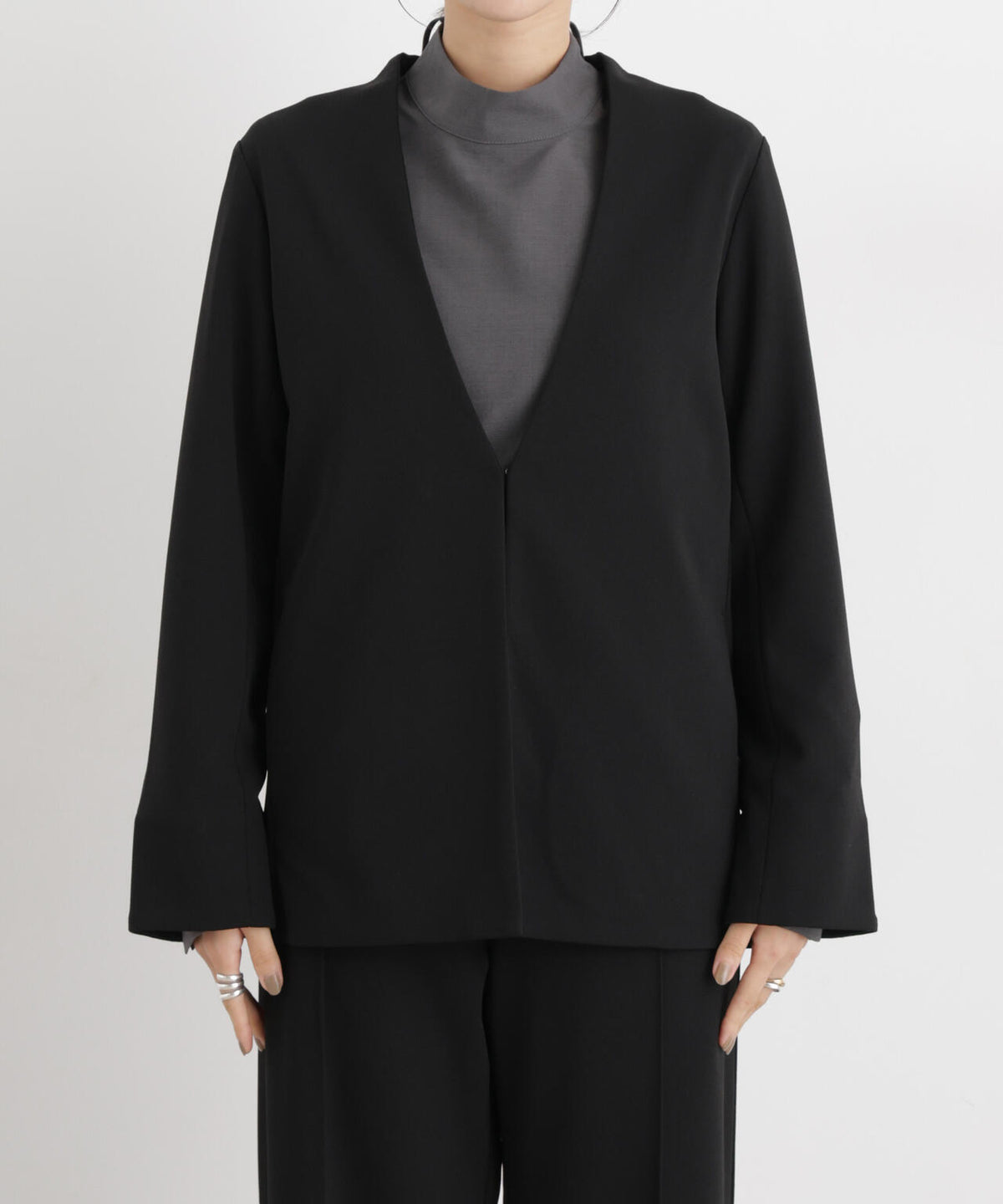 ストレッチカットジョーゼットノーカラージャケット(セットアップ可)