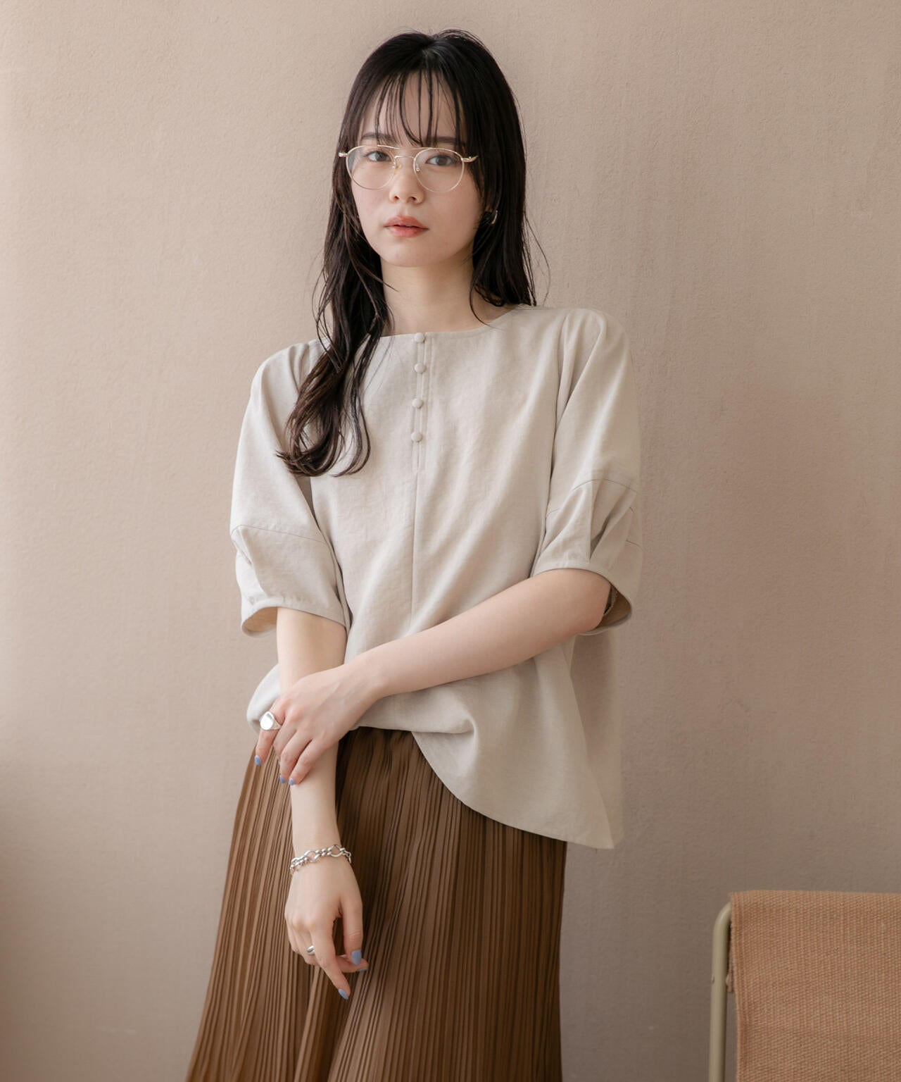WEB限定/多機能素材 前後2wayランタンスリーブクルーブラウス(セットアップ可)