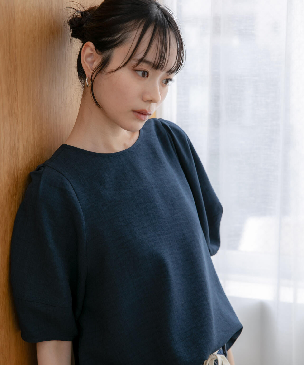 WEB限定/多機能素材 前後2wayランタンスリーブクルーブラウス(セットアップ可)