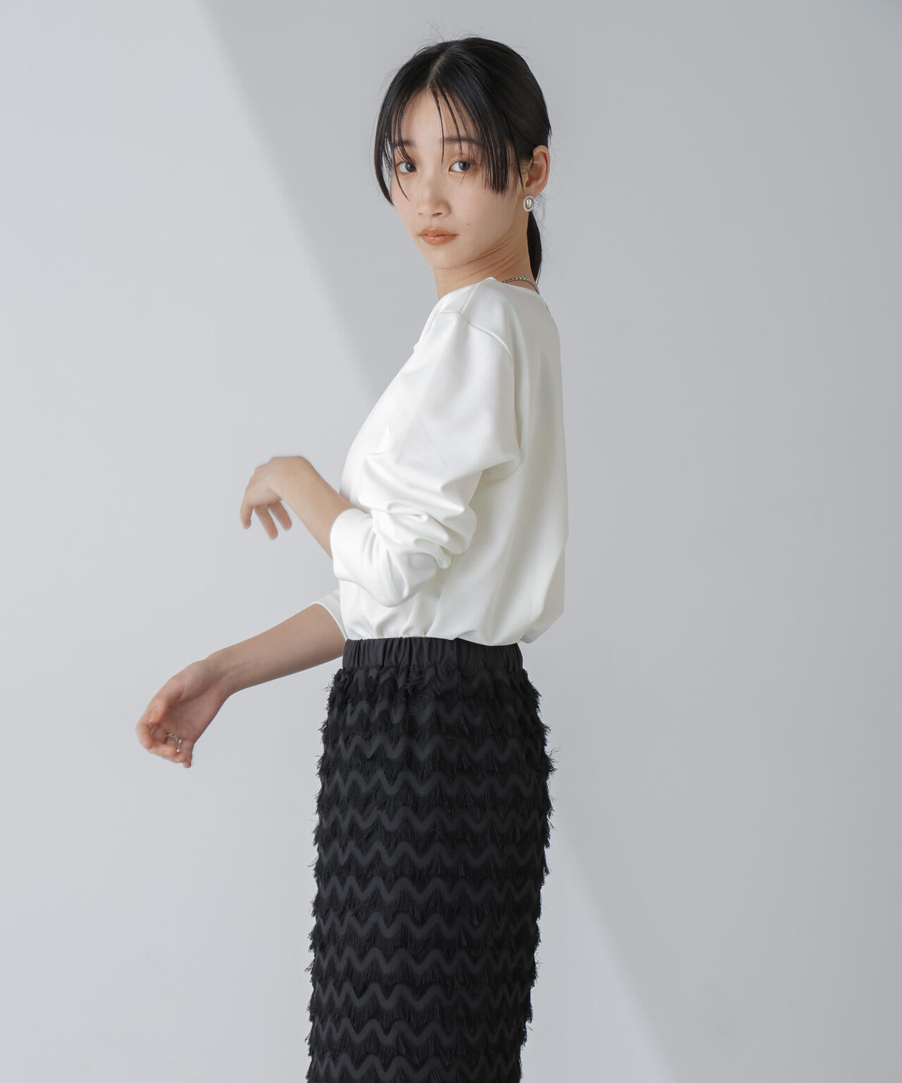 WEB限定/リブ付きれい見えジョーゼットカットソー