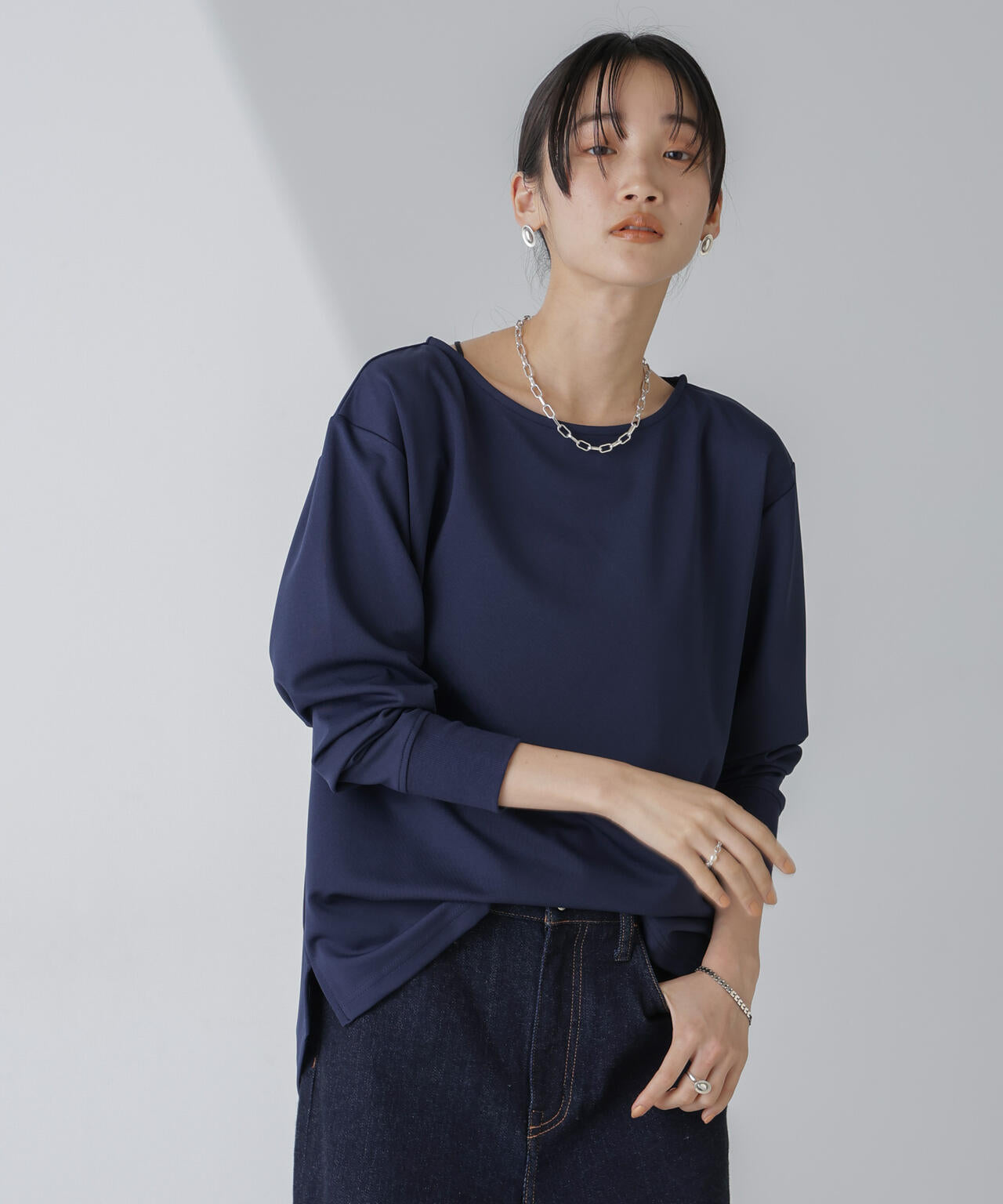 WEB限定/リブ付きれい見えジョーゼットカットソー