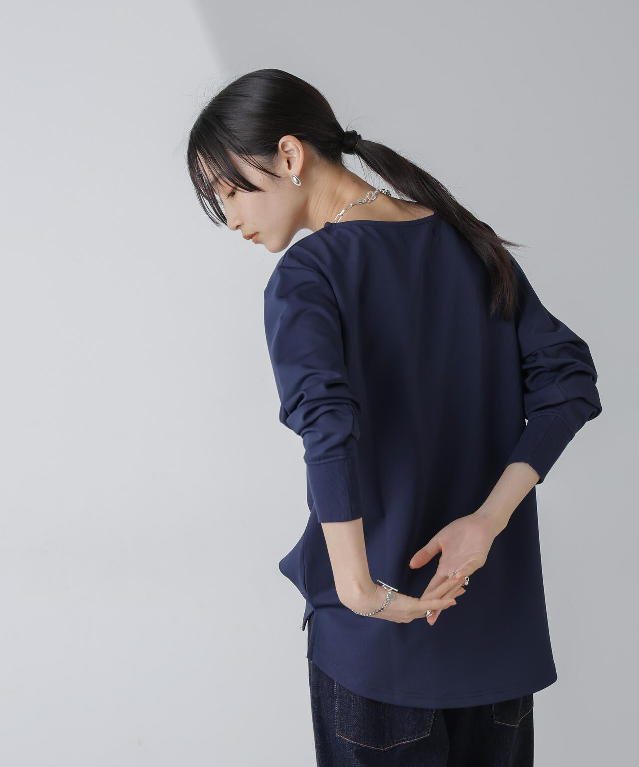 WEB限定/リブ付きれい見えジョーゼットカットソー