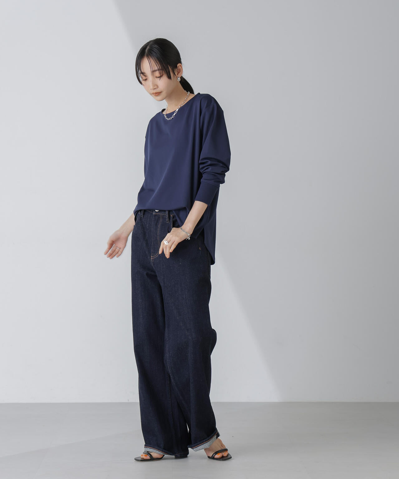 WEB限定/リブ付きれい見えジョーゼットカットソー