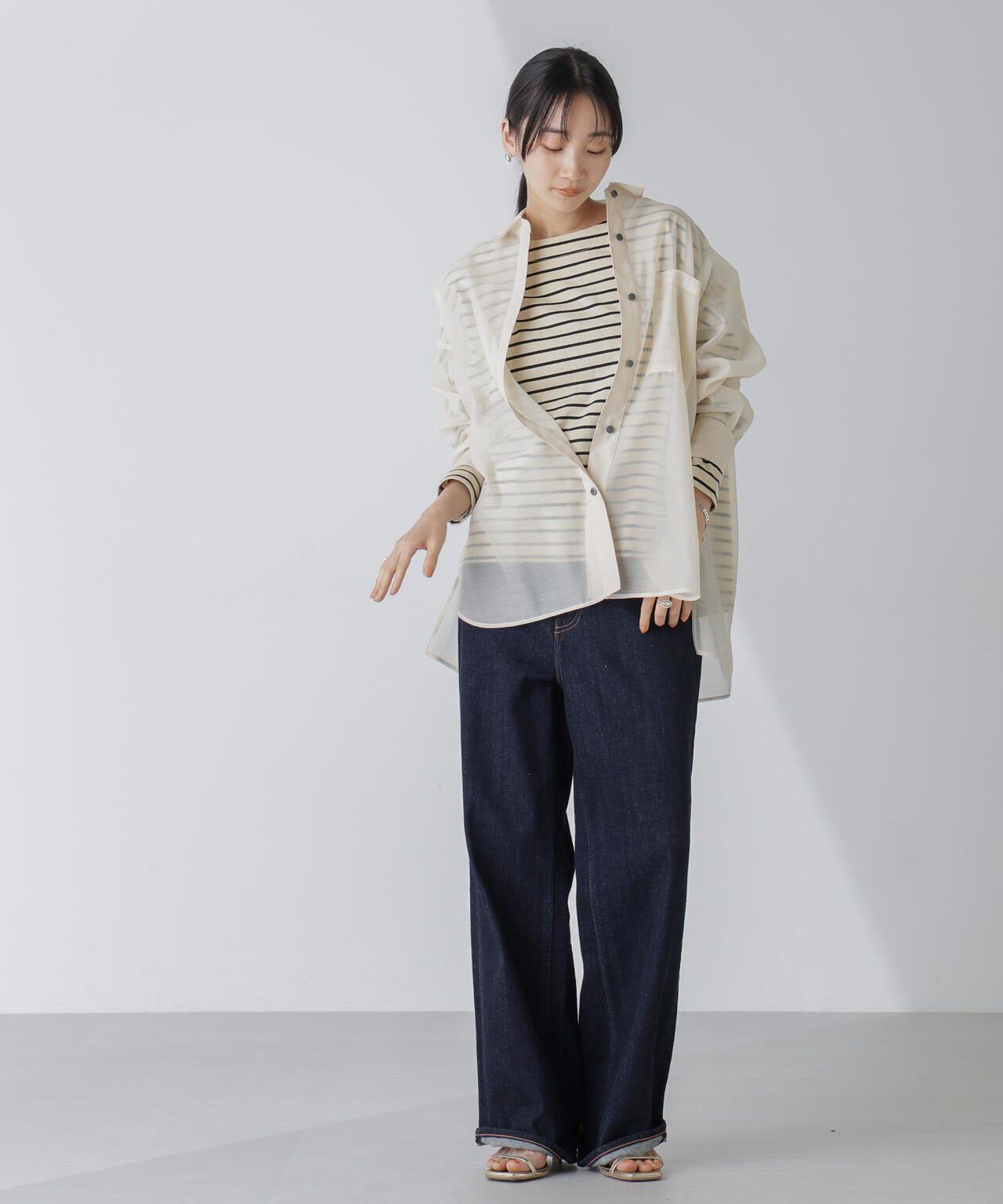 WEB限定/ボーダーワイドドロップトップス