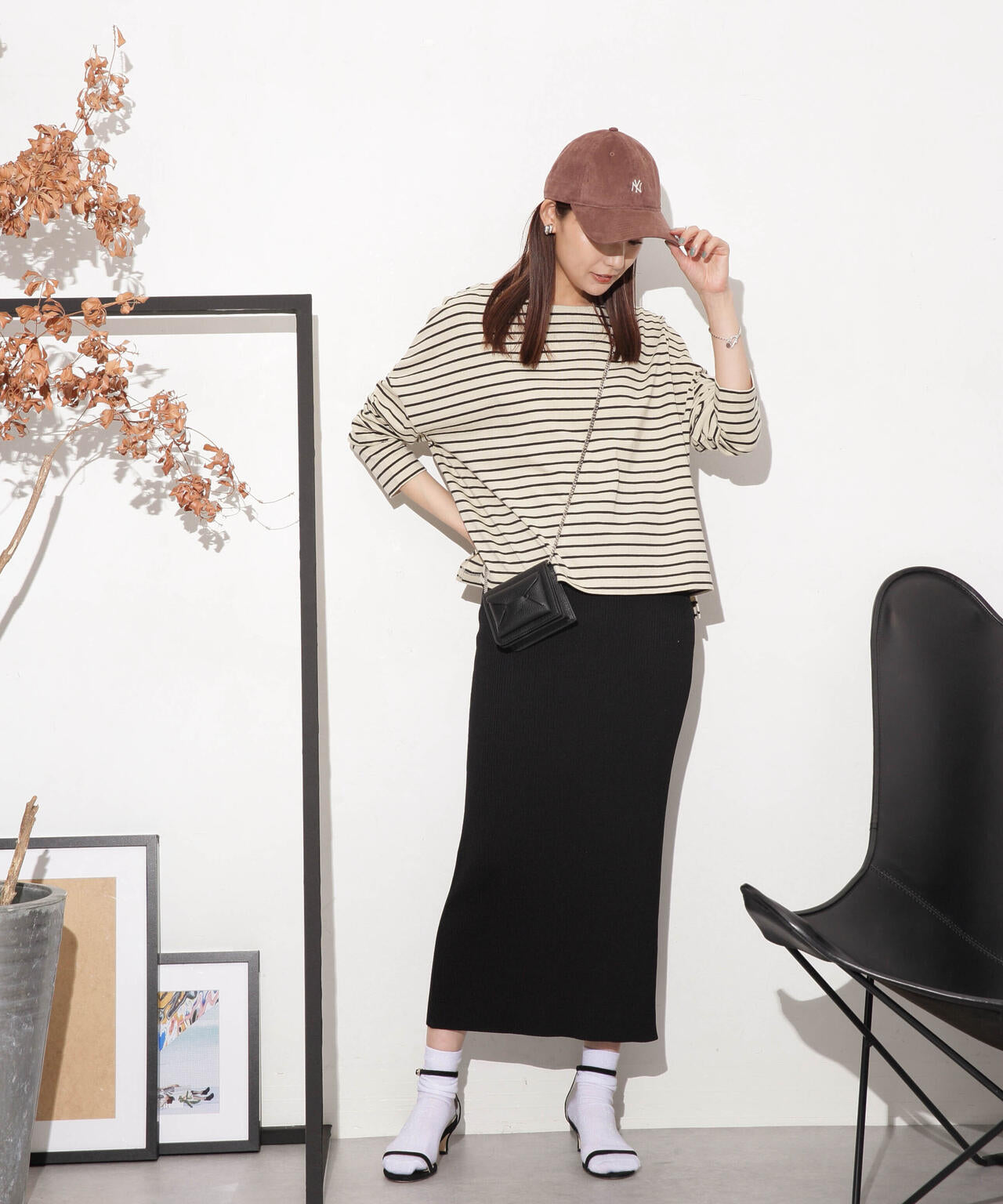 WEB限定/ボーダーワイドドロップトップス