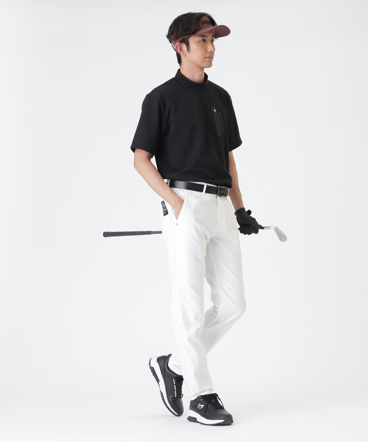 へリンボンストライプ半袖モックネックシャツ (MENS)