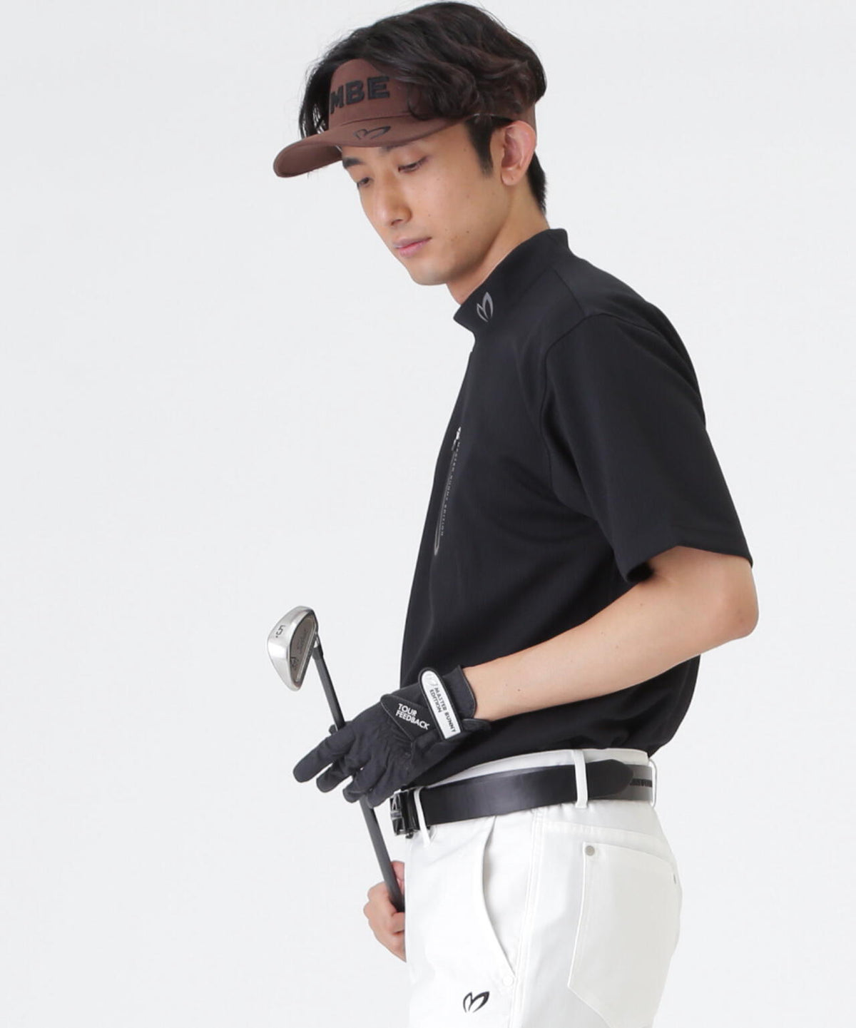 へリンボンストライプ半袖モックネックシャツ (MENS)