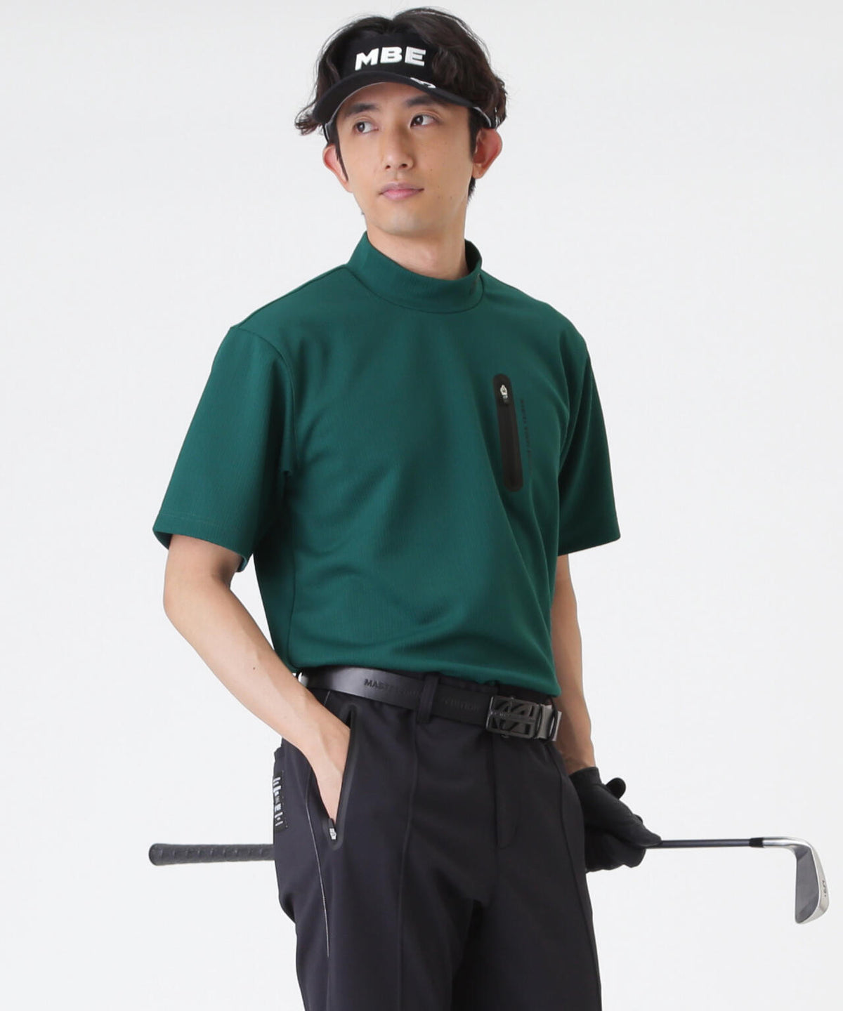 へリンボンストライプ半袖モックネックシャツ (MENS)