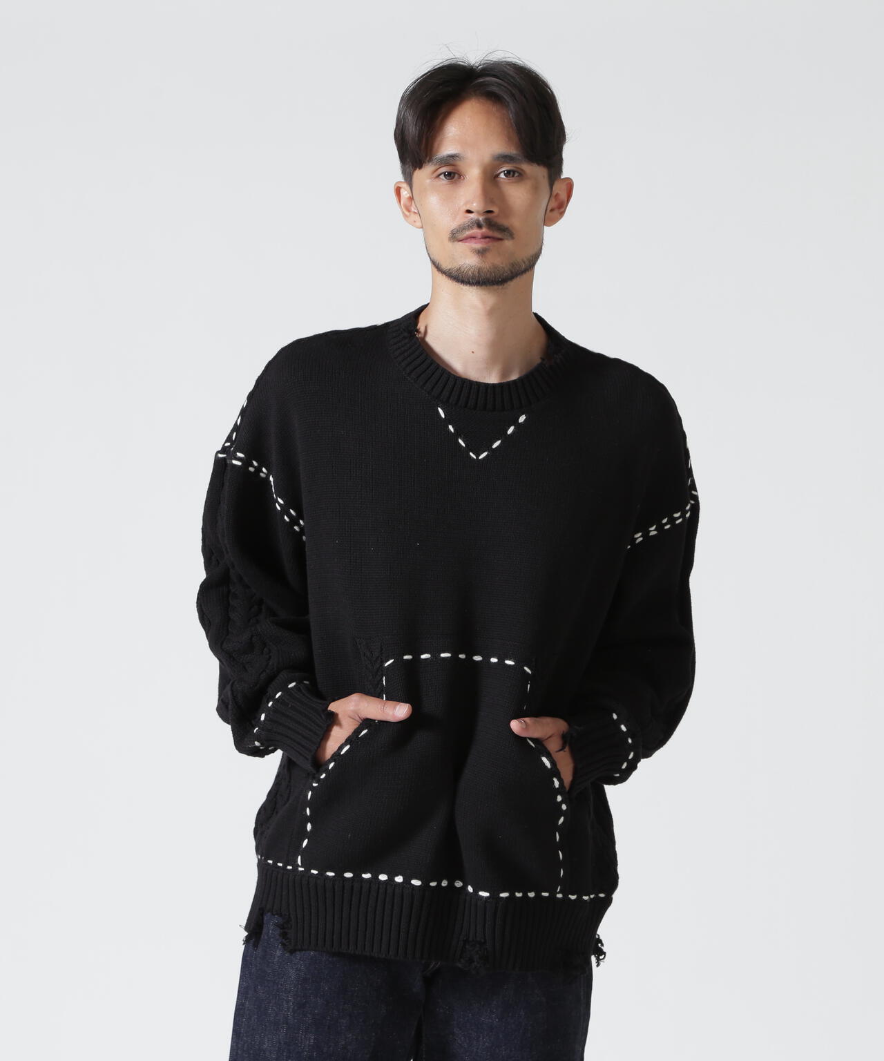 B omnivore/ビーオムニボー　HANDSTITCH CABLE KNIT CREWNECK ハンドステッチケーブルニットクルーネック