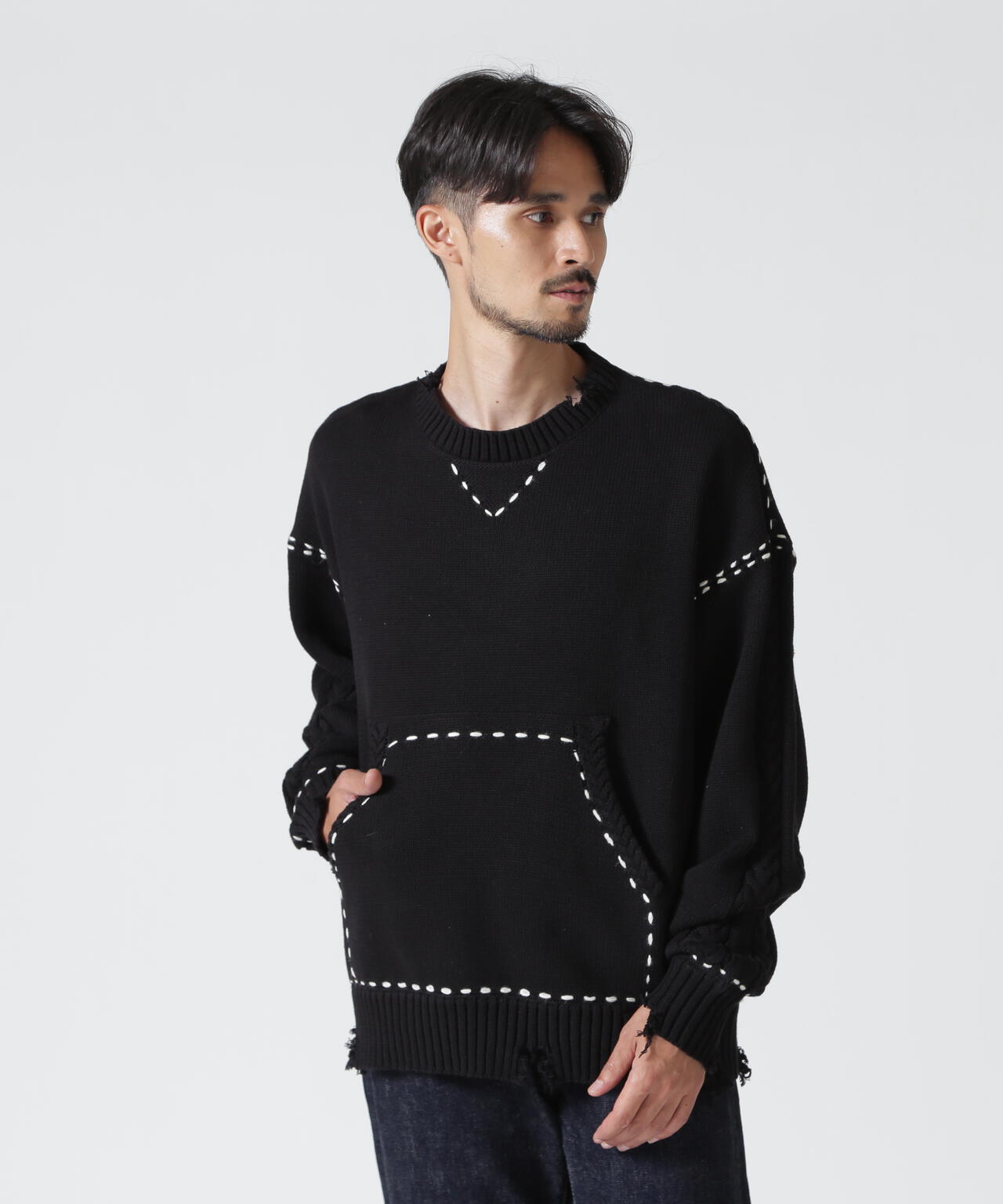 B omnivore/ビーオムニボー　HANDSTITCH CABLE KNIT CREWNECK ハンドステッチケーブルニットクルーネック