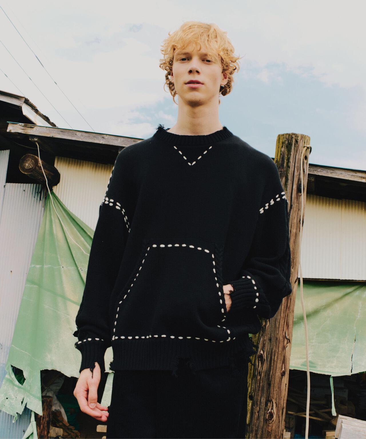 B omnivore/ビーオムニボー　HANDSTITCH CABLE KNIT CREWNECK ハンドステッチケーブルニットクルーネック