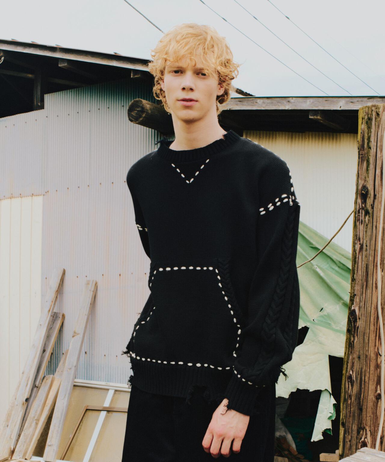 B omnivore/ビーオムニボー　HANDSTITCH CABLE KNIT CREWNECK ハンドステッチケーブルニットクルーネック