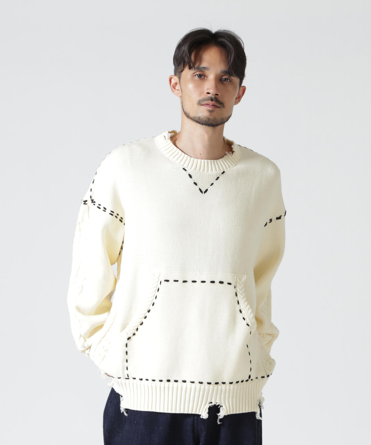 B omnivore/ビーオムニボー　HANDSTITCH CABLE KNIT CREWNECK ハンドステッチケーブルニットクルーネック