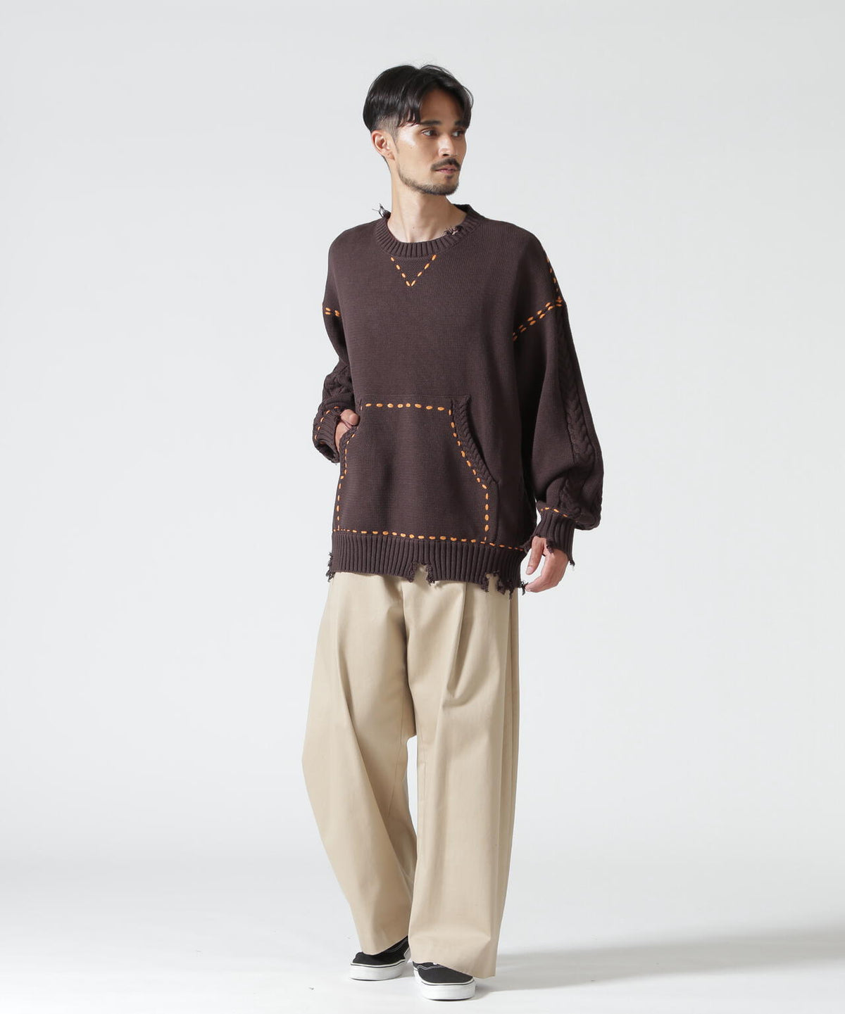 B omnivore/ビーオムニボー　HANDSTITCH CABLE KNIT CREWNECK ハンドステッチケーブルニットクルーネック