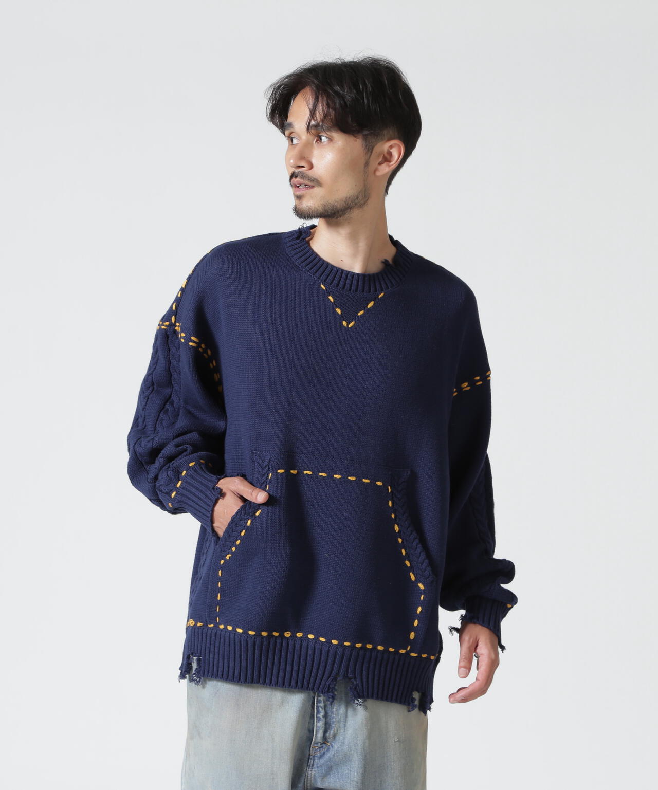 B omnivore/ビーオムニボー　HANDSTITCH CABLE KNIT CREWNECK ハンドステッチケーブルニットクルーネック