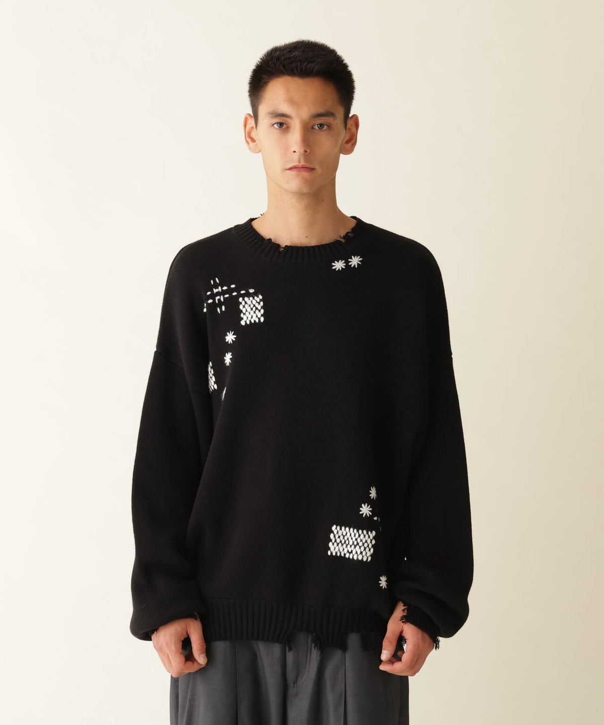 B omnivore/ビーオムニボー　HAND STITCH CREWNECK KNIT ハンドステッチクルーネックニット