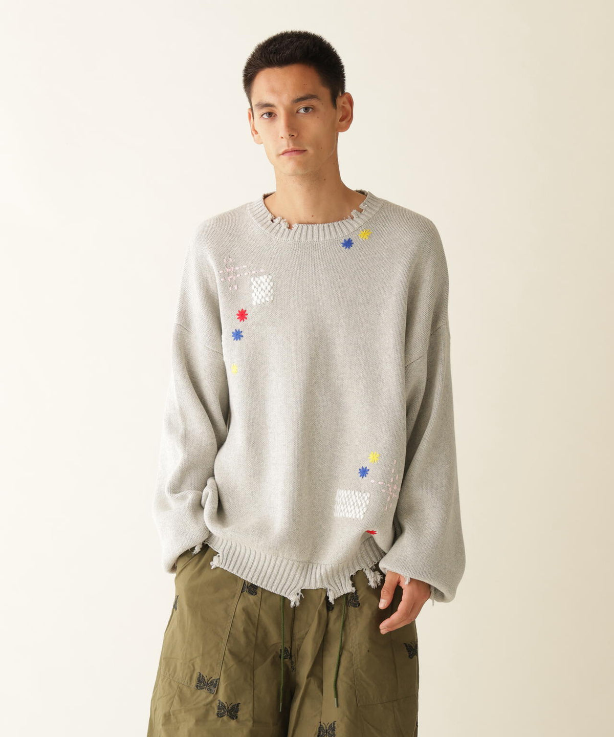 B omnivore/ビーオムニボー　HAND STITCH CREWNECK KNIT ハンドステッチクルーネックニット