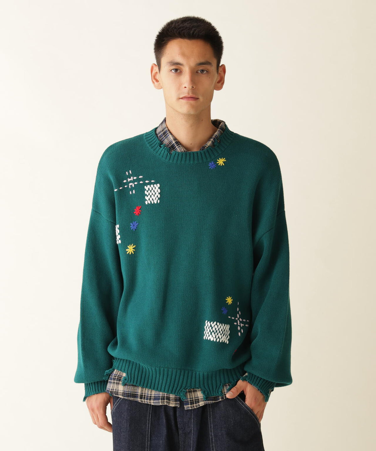 B omnivore/ビーオムニボー　HAND STITCH CREWNECK KNIT ハンドステッチクルーネックニット