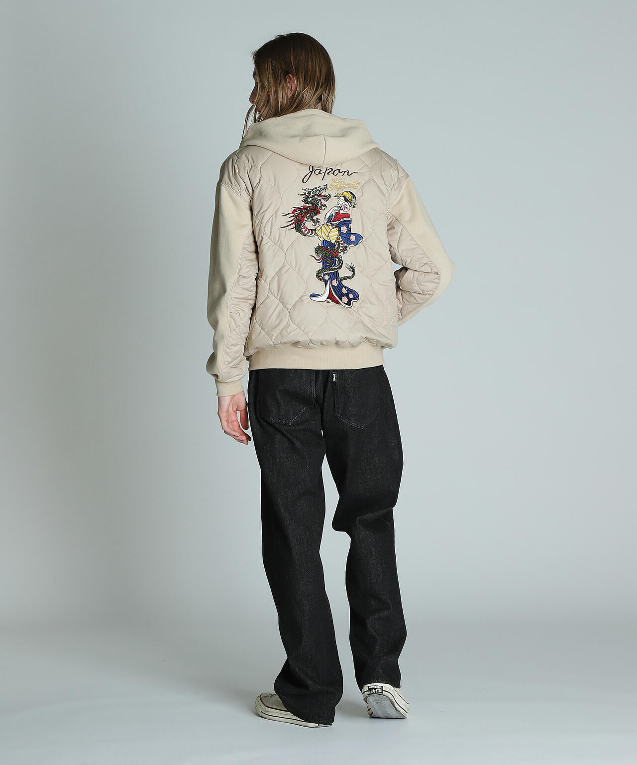 LADY WITH DRAGON QUILTED COMBI. ZIP HOOD/レディ ウィズ ドラゴン キルティング コンビ パーカー