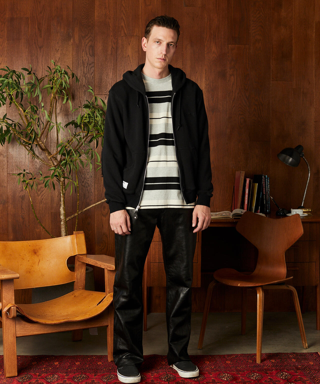 LEATHER ELBOW PATCH ZIP HOODED SWEAT/レザー エルボーパッチ ジップパーカー