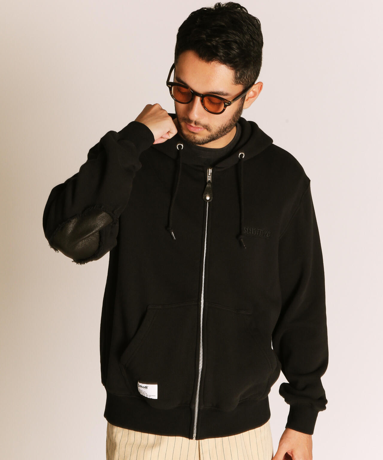 LEATHER ELBOW PATCH ZIP HOODED SWEAT/レザー エルボーパッチ ジップパーカー