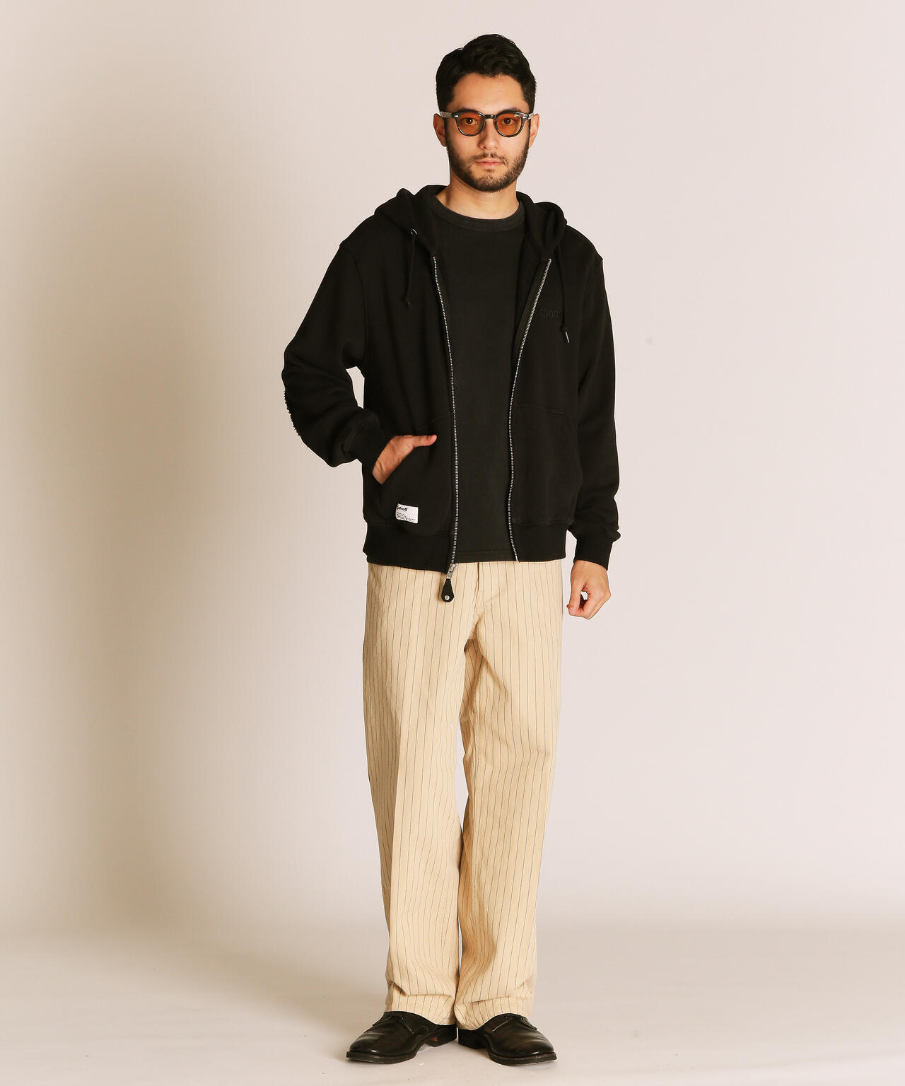 LEATHER ELBOW PATCH ZIP HOODED SWEAT/レザー エルボーパッチ ジップパーカー