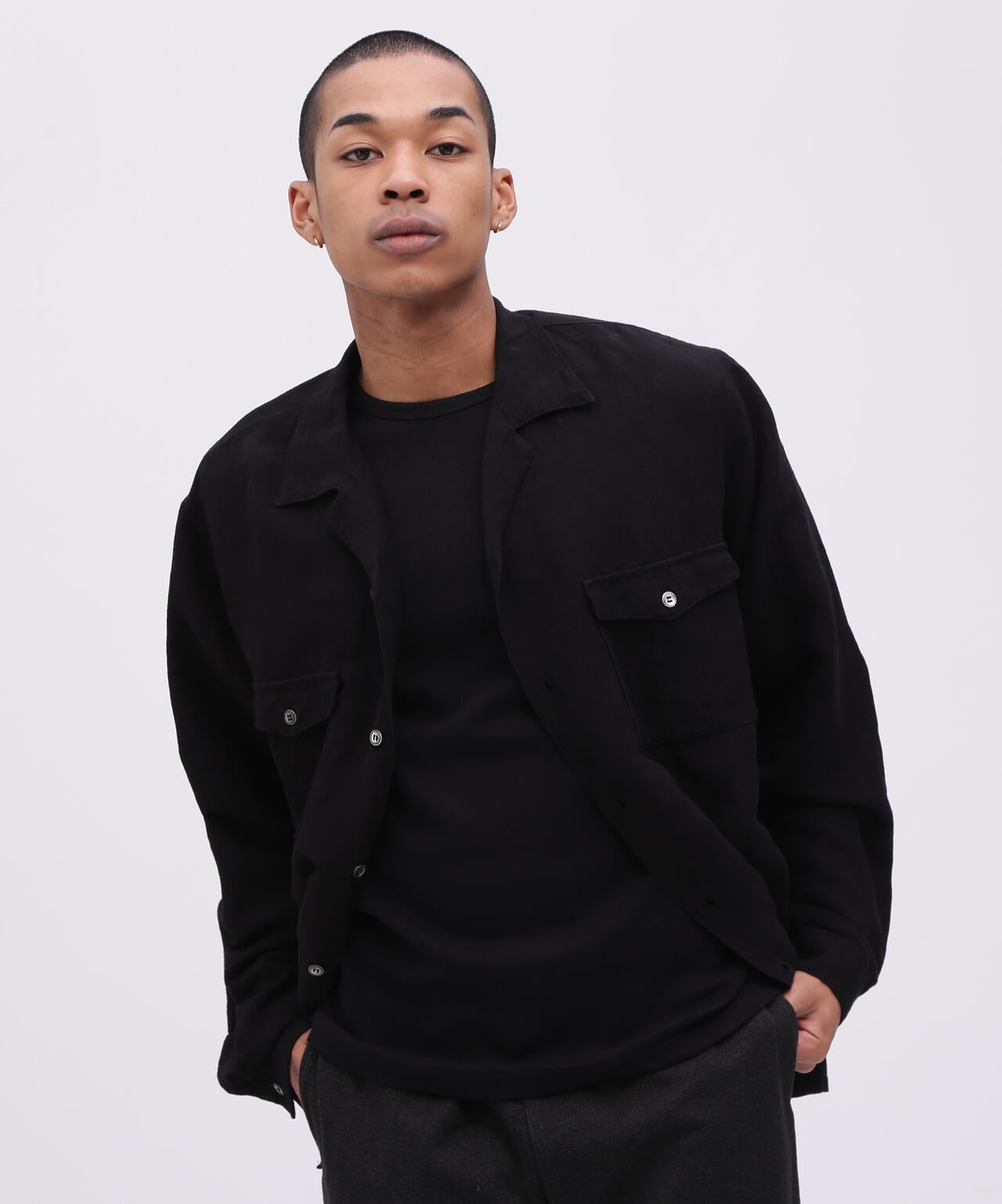 《TFQP by HANDROOM》OPEN COLLAR LONGSLEEVE WORK SHIRT FLAT BLACK / 長袖シャツ