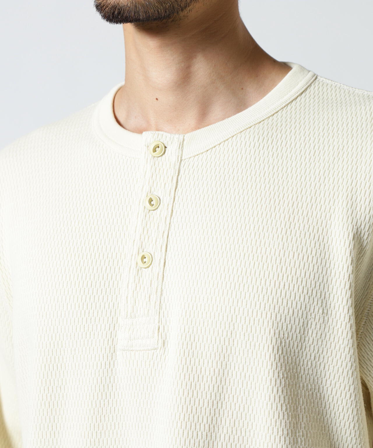 HONEYCOMB WAFFLE L/S HENLEY NECK T-SHIRT
