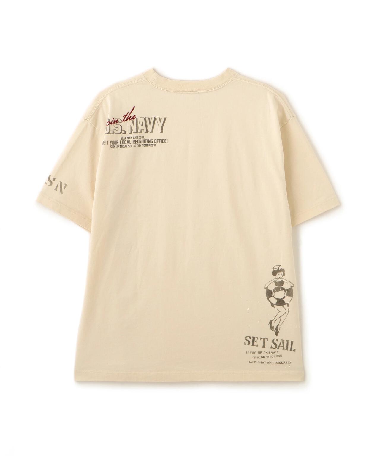 AGED-LOOK S/S NAVY STENCIL T-SHIRT