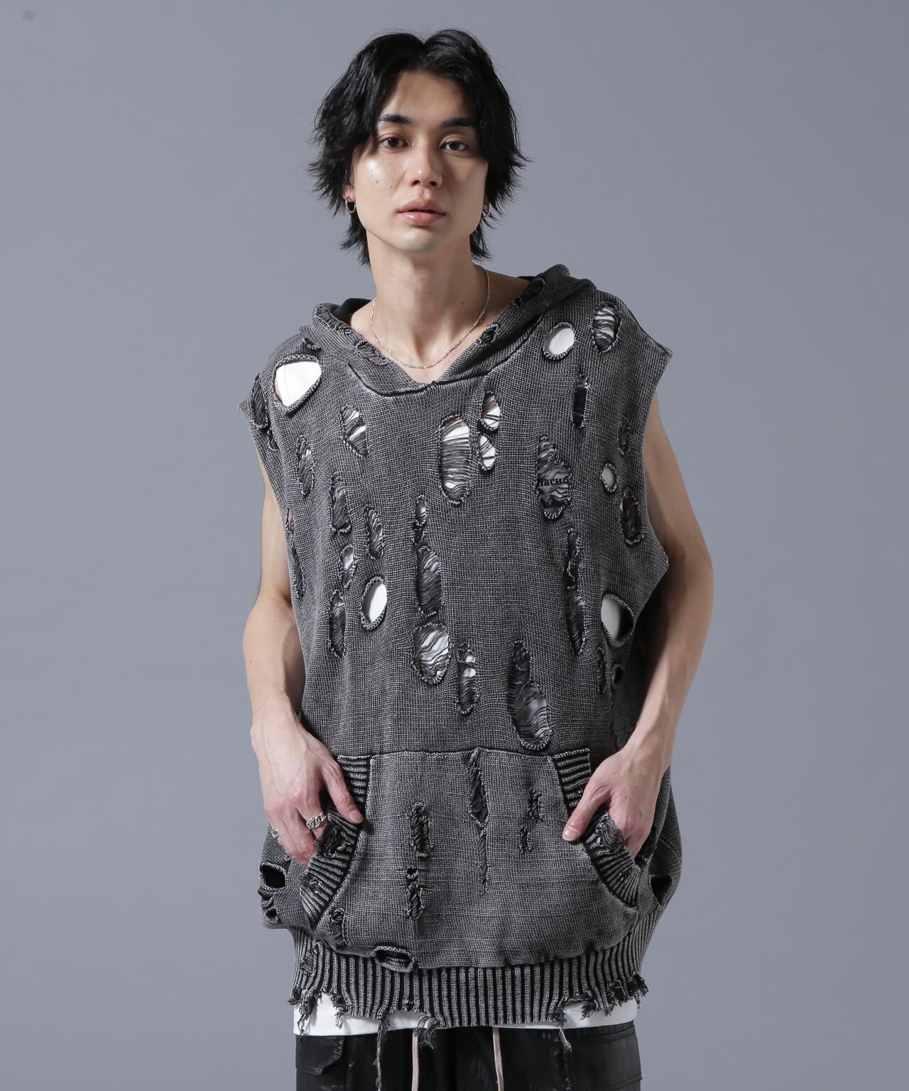 DankeSchon/ダンケシェーン/PIGMENT DAMAGE KNIT NOSLEEVE HOODIE