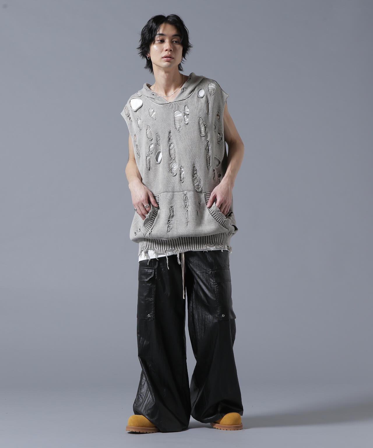 DankeSchon/ダンケシェーン/PIGMENT DAMAGE KNIT NOSLEEVE HOODIE