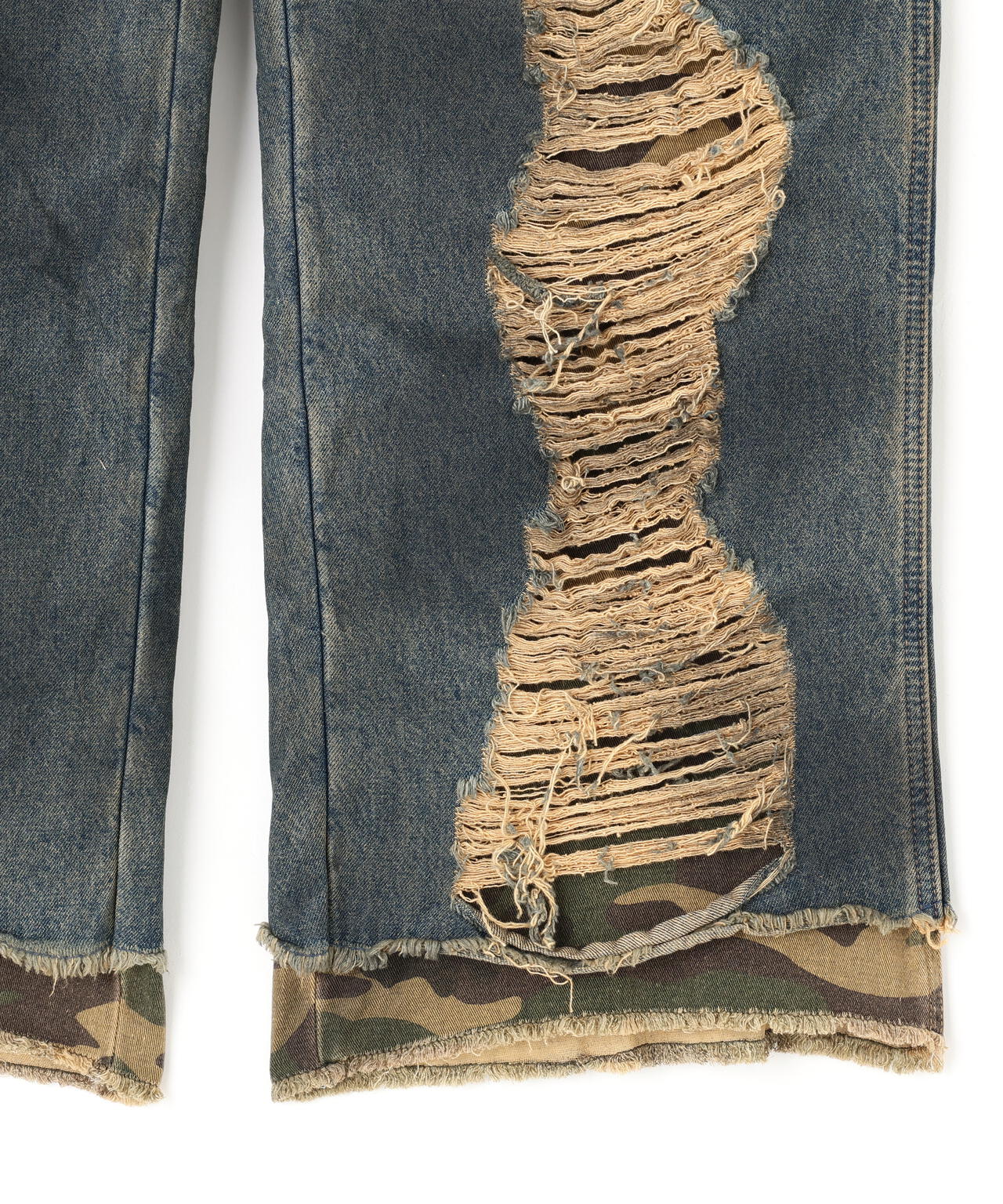 NOT4NERD/ノットフォーナード/CAMO LAYERED DESTROYED DENIM PANTS
