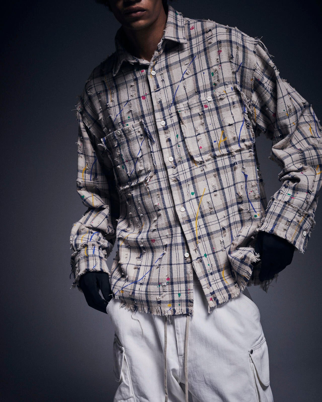 DankeSchon/ダンケシェーン/DAMAGE PAINT CHECK L/S SHIRTS