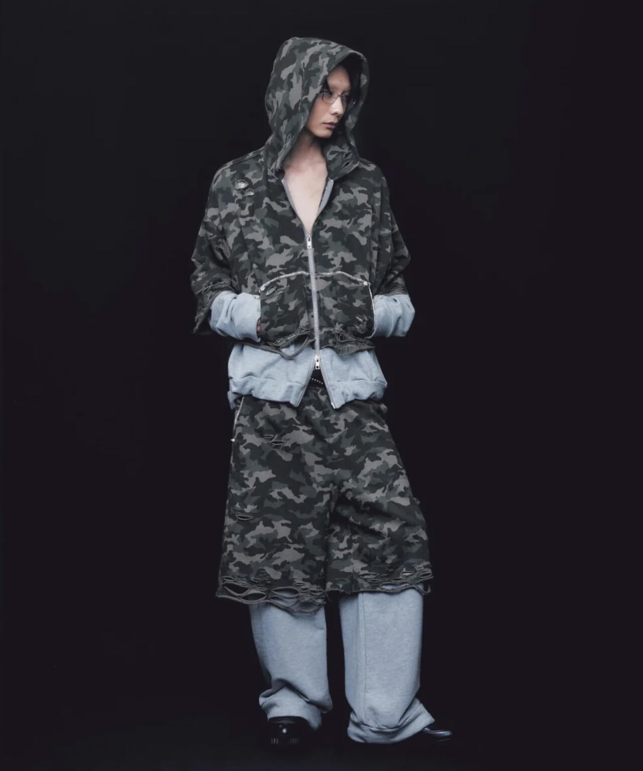 neith./ネイス/Layered Crush Hoodie(Camo×Gray)